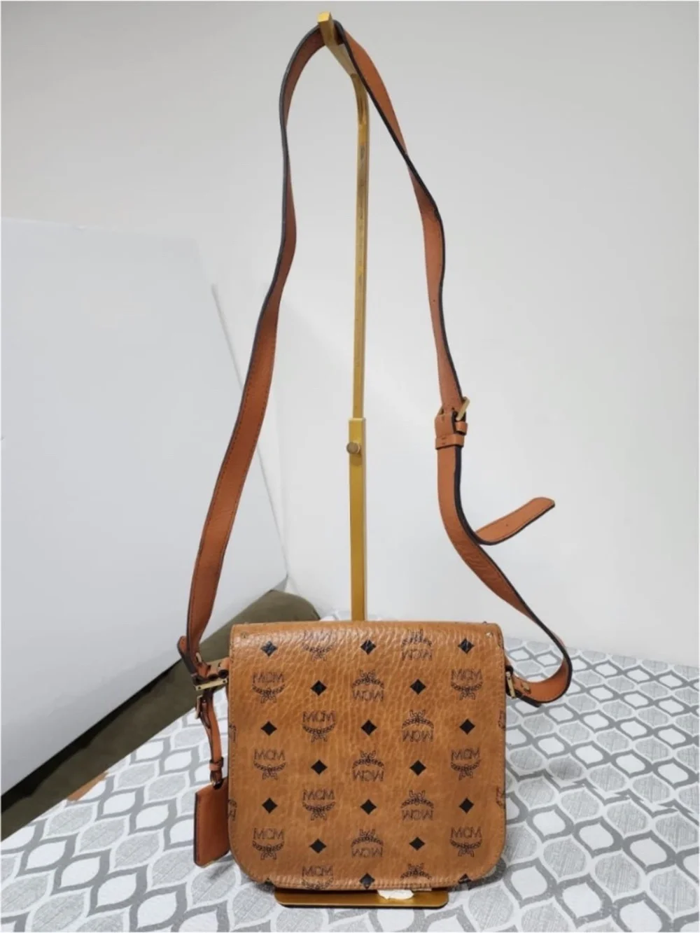 Authentic MCM Patricia Stud Trim Visetos Small Shoulder/ Crossbody Bag Brown
